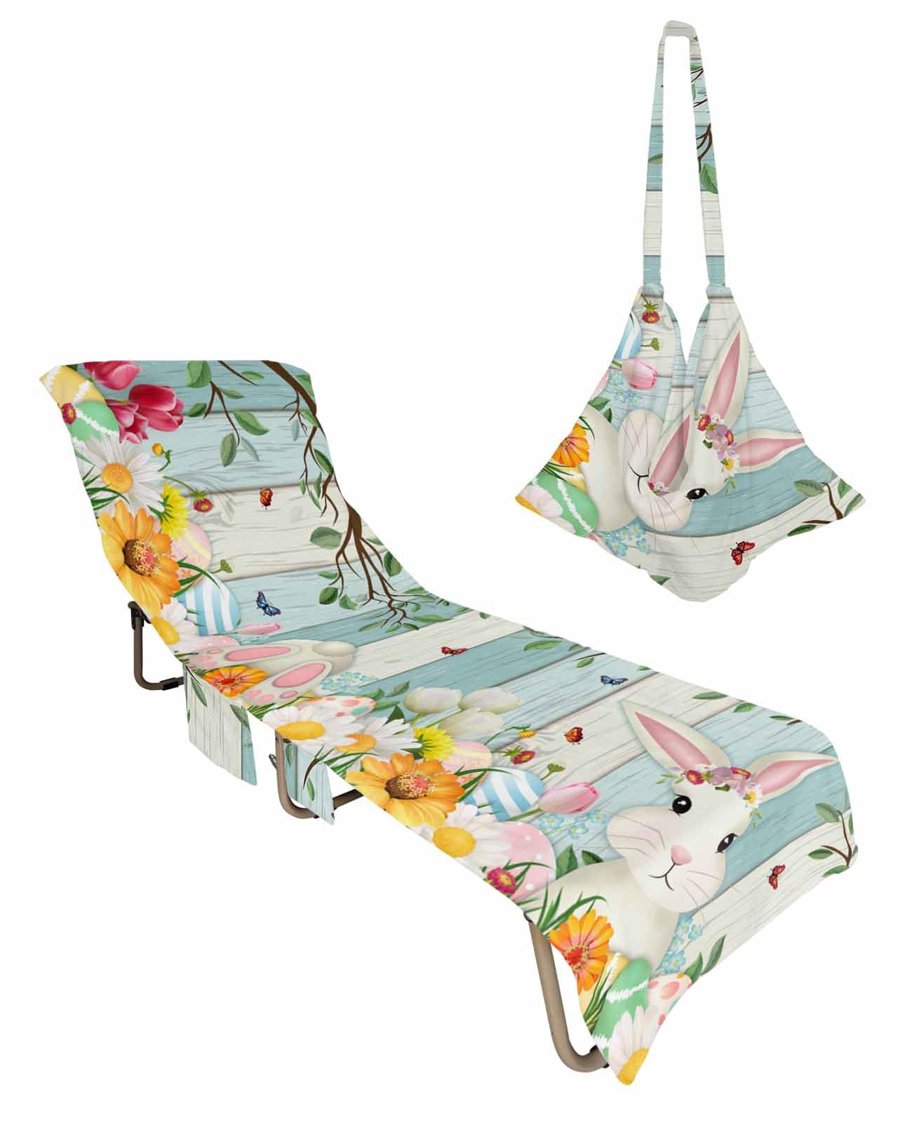 Easter Bunny Beach Lounge Chair Towel Cover, Soft Chaise Lounge Towel with Side Pockets Patio Pool Chairs Cover for Beach/Pool Sunbathing 29x85 Spring Floral Botanical Colorful Eggs Blue Wood