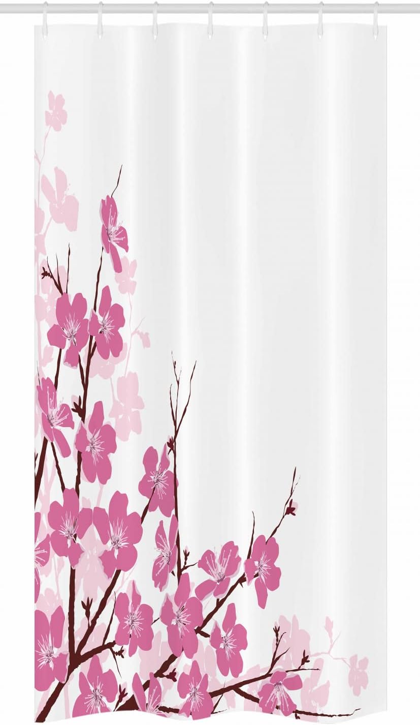 Ambesonne Asian Stall Shower Curtain, Japanese Cherry Blossoms Sakura Branches Spring Flower Garden Illustration, Fabric Bathroom Decor Set with Hooks, 36" W x 72" L, White Pink