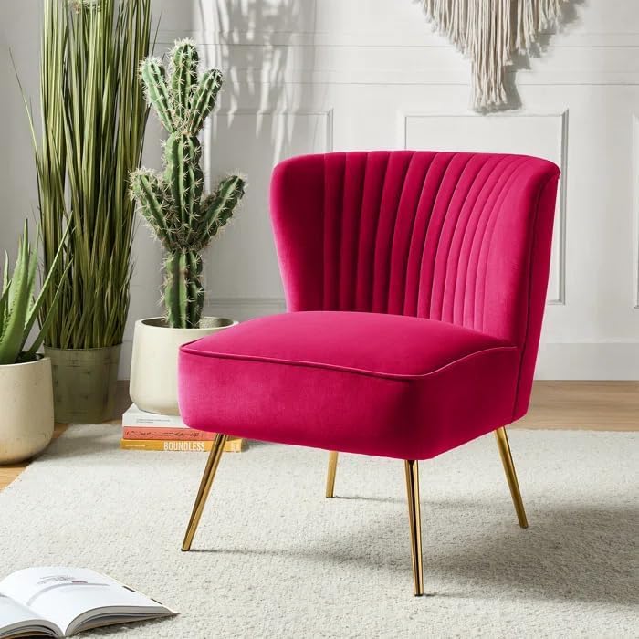 Image of Modern Upholstered Accent Velvet Chair Single Seater Channel Tufted Wing Back Chair with Golden Matel Legs for Living Room, Bedroom, Dining Room, Fuchsia