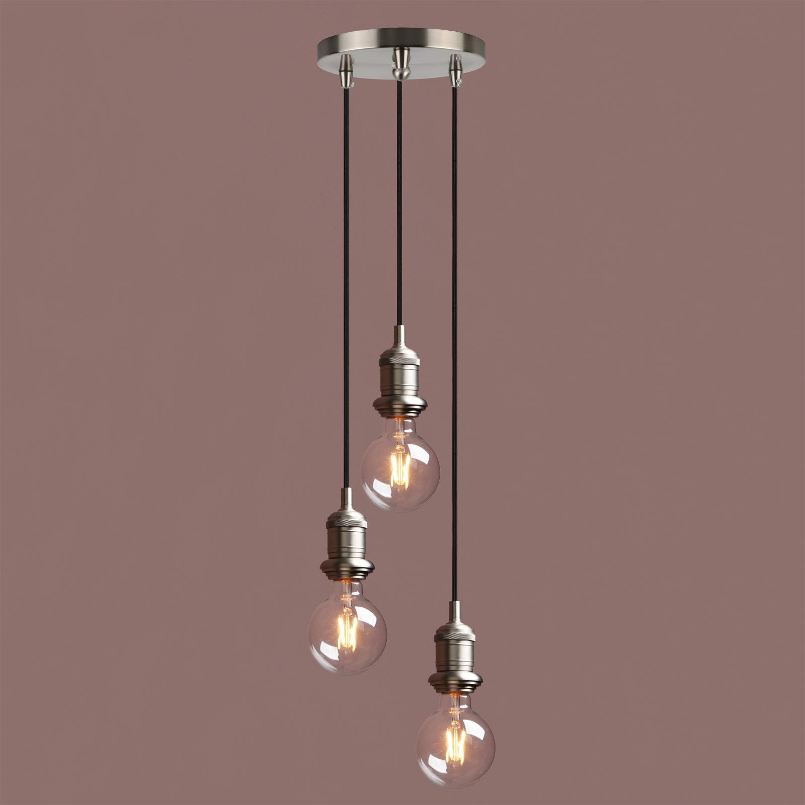 Yosoan Lighting Industrial Loft Bar Brushed Cluster 3 Way Pendant Light Fittings, Vintage Triple Hanging Pendant Ceiling Lights for Kitchen Island Living Room Dining Room (Brushed)