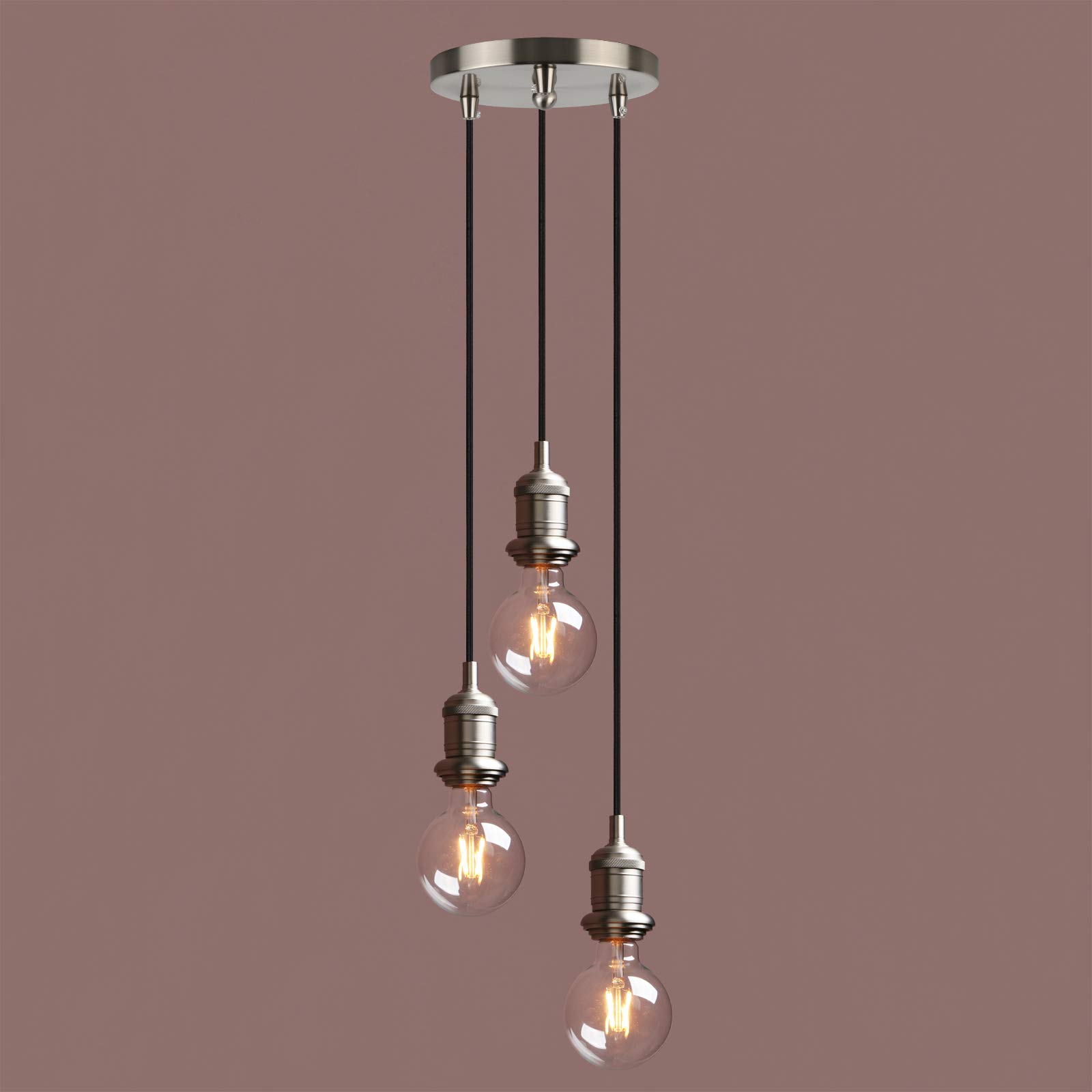 Yosoan Lighting Industrial Loft Bar Brushed Cluster 3 Way Pendant Light Fittings, Vintage Triple Hanging Pendant Ceiling Lights for Kitchen Island Living Room Dining Room (Brushed)