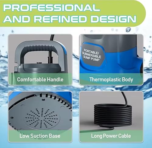 Miniatura 3 de Bomba de sumidero sumergible portátil profesional, 1.2 HP, bomba de transferencia de agua de 5000 GPH con múltiples conectores de manguera,