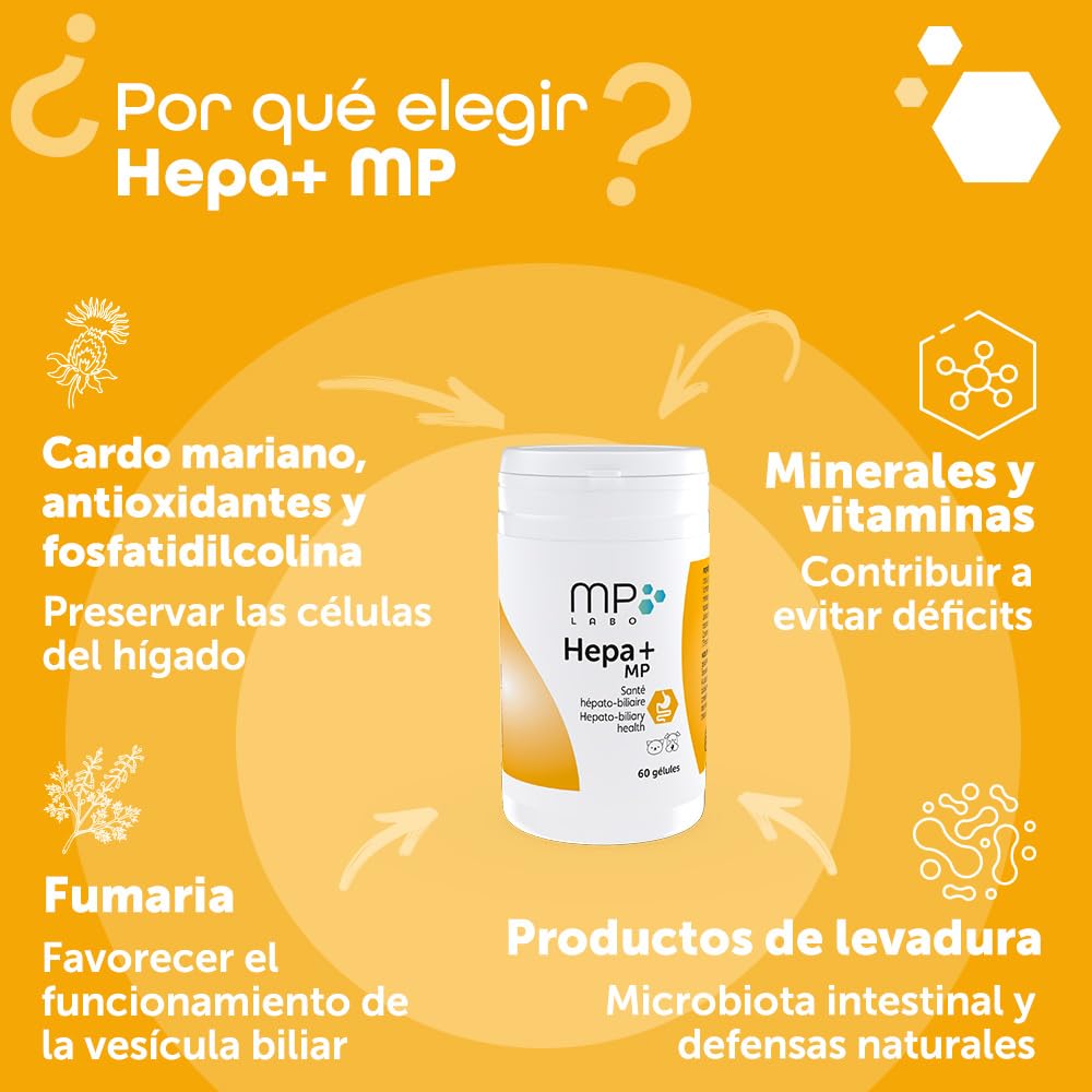 MP Labo Hepa + MP 60 cápsulas para proteger las células hepáticas y el buen funcionamiento del hígado y los conductos biliares en perros y gatos, contiene cardo mariano, ahumado y antioxidantes
