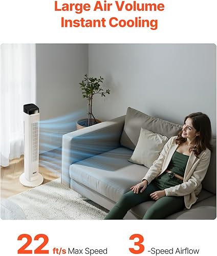 Miniatura 3 de VEVOR Ventilador de torre, ventilador silencioso de 22 piess, ventiladores oscilantes de 70 para interiores con 3 velocidades, 4 modos, temporizador