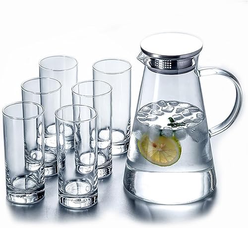 Juego de 7 jarras de vidrio con 6 vasos de agua, tazas, tapa, jarra con asa de boquilla para bebidas de té calientes/frías disponible en Yaxa Colombia