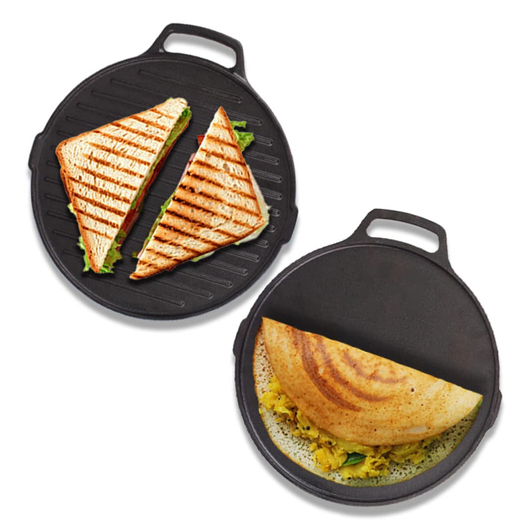 Pre-Seasoned Cast Iron Round Griddle Pan With Double Handle|Medium, 26 Cm/10.2 Inch, 2.1Kg|Gas Compatible|100% Pure & Toxin-Free, No Chemical Coating, Black