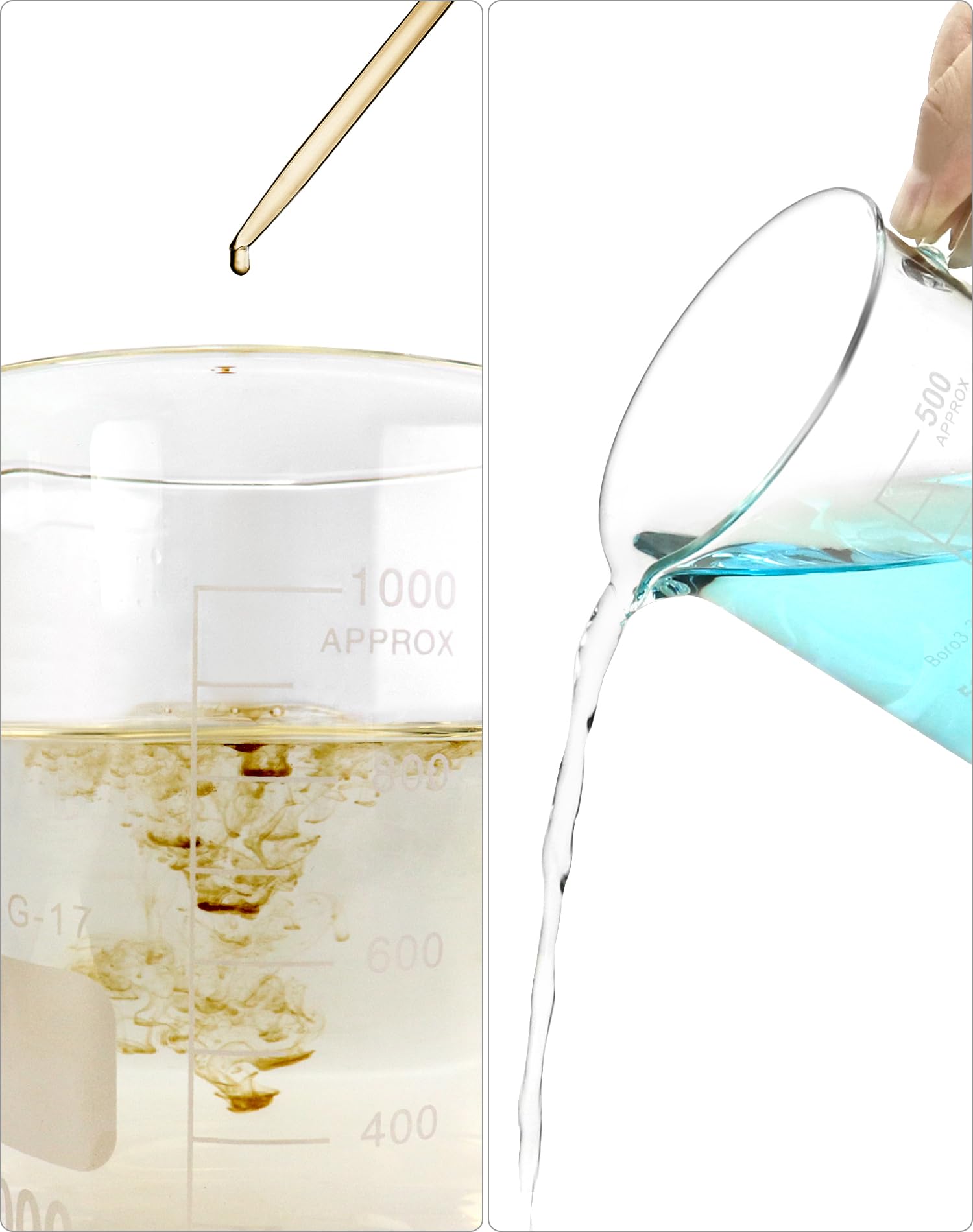 QWORK Kit de taza medidora de vidrio de borosilicato, 3 piezas (500 ml + 1000 ml + 250 ml) taza de vaso con asa, boquilla en forma de V, vaso de medición