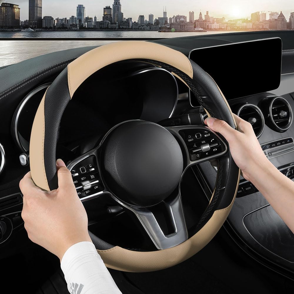 Car Steering Wheel Cover, Microfiber Leather Steering Wheel Cover Universal Fit 14.5-15 inch Anti-Slip Comfortable Breathable Car Wheel Protector for Men Women,Beige - Image 3