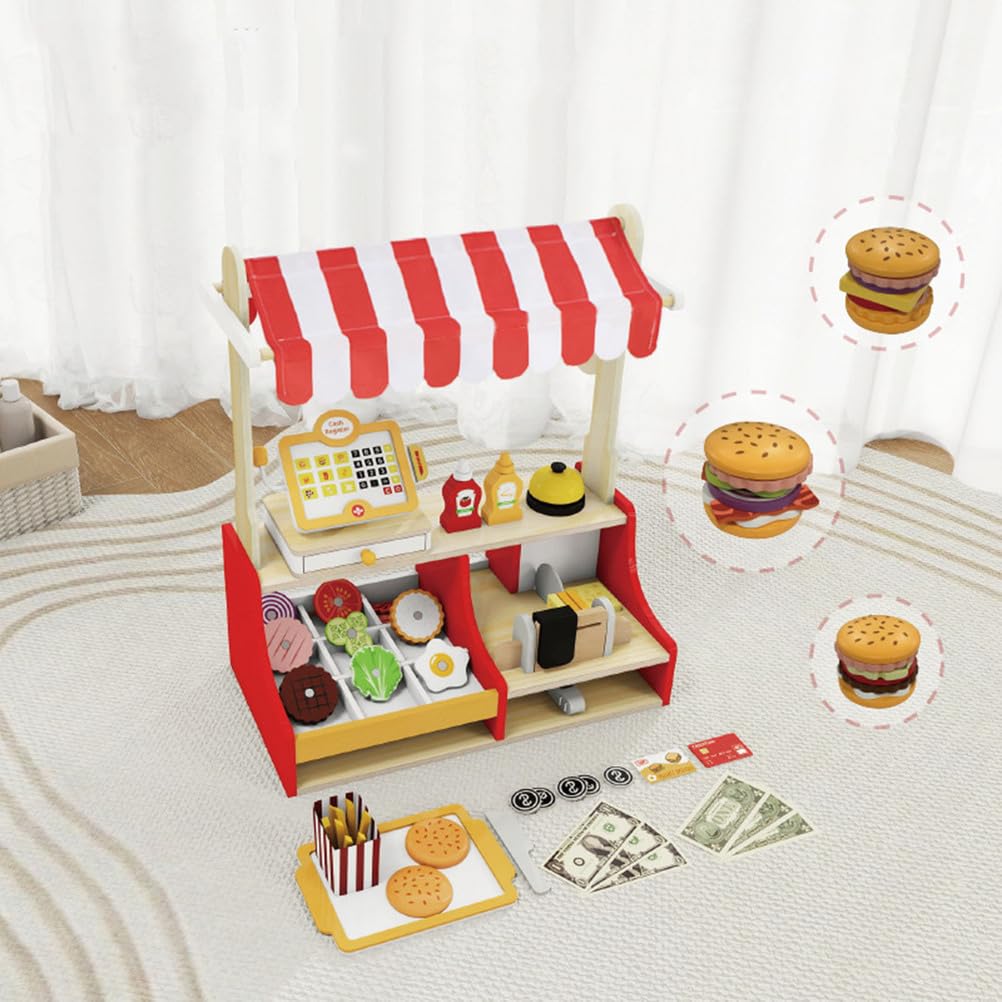 Set da Gioco Burger in Legno, Bancarella di Fast Food Giocattolo | Banco Vendita Giocattolo per Bambini, Set di Cibo Giocattolo in Legno, Giocattolo Cassa per Bambini