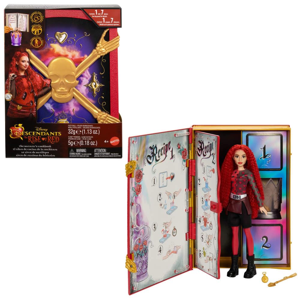 Mattel Disney Descendants: The Rise of Red – Red, Daughter of Queen of Hearts Doll & Playset, The Sorcerer’s Cookbook, Mix for Slime & Surprises