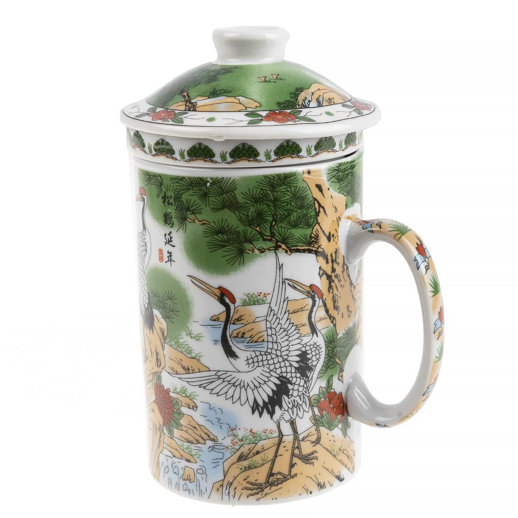 Tetera china con paisaje - Taza de porcelana para infusión con infusor y tapa - Pintura china con pájaros longevos - Vajilla tradicional china