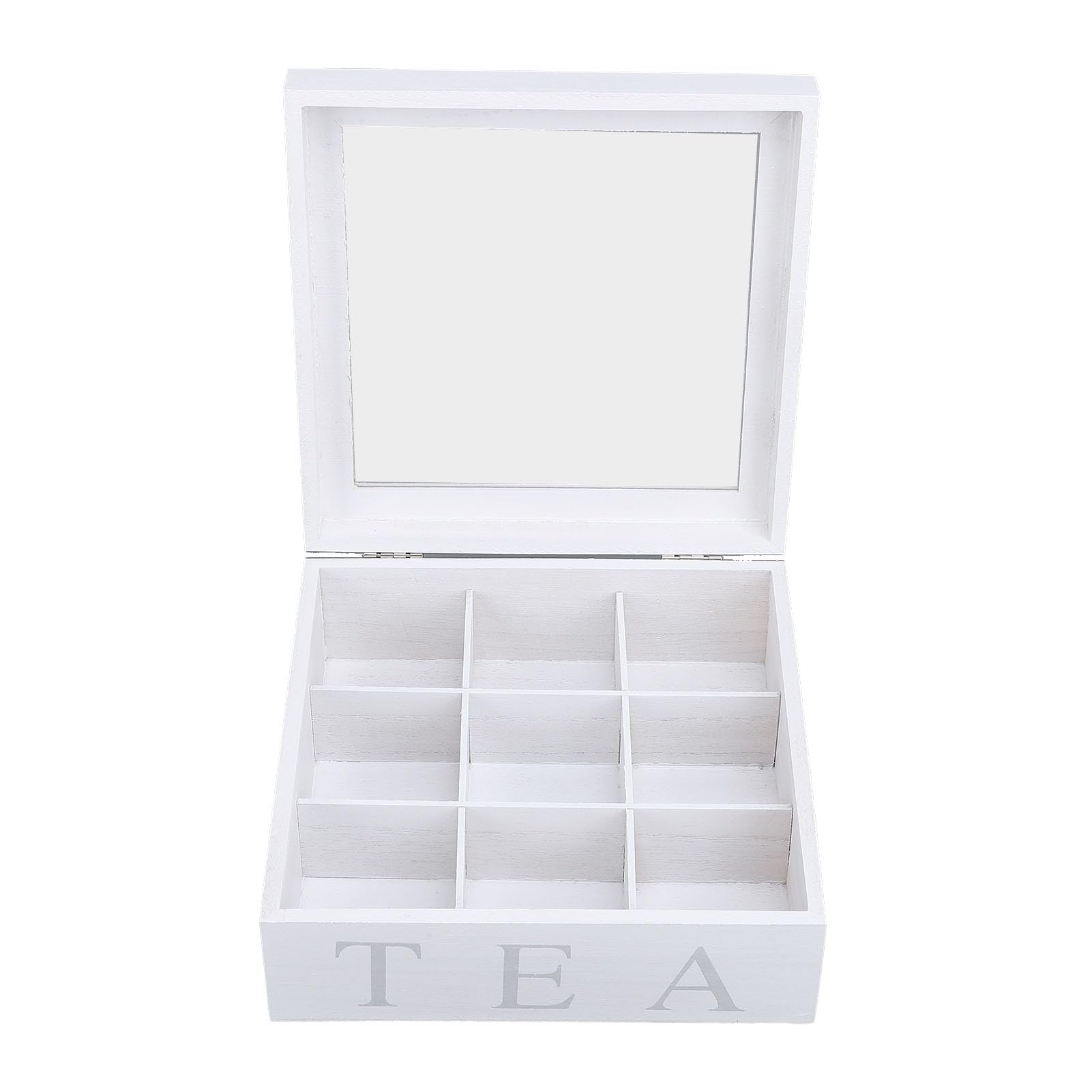 Tea Bag Holder Organizer, Tea Storage Chest Wood Decorative Box, 9 Compartments for Assorted Variety Of Tea Bags and Small Items (White)