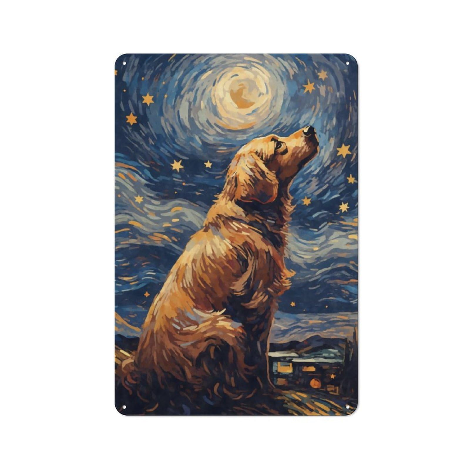 Junmoney Golden Retriever Night Rustic Metal Sign 30X20cm For Hobby Room Or Studio, For Kitchen, Dining Room And Home Bar Wall Decor