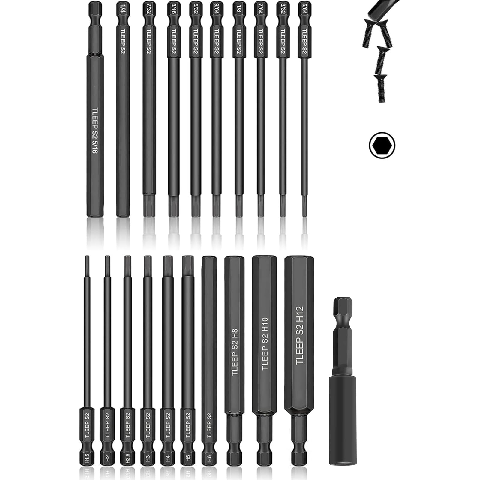 21 x 1/4 Inch Hex Head Allen Wrench Drill Bits 4" Long, 1.5MM to 12MM, 5/64” to 5/16”, SAE and Metric S2 Steel Magnetic Tips Screwdriver Socket Bit Set for Ikea Type Furniture, 100MM