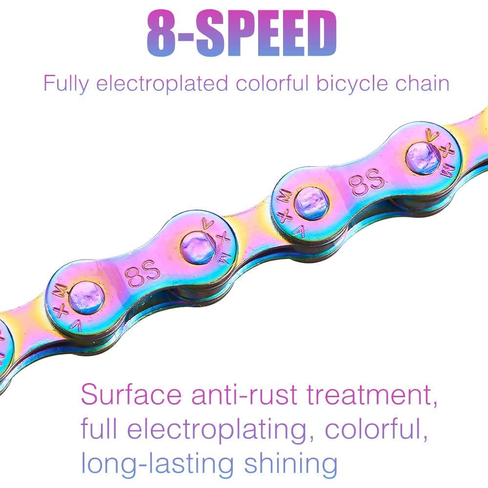 YBEKI Catena per bicicletta colorata 6/7/8 in acciaio al carbonio – 11.500 PSI resistenza alla trazione | 1/2" x 11/128" pollici 116 maglie con 3× PowerLock+attrezzo | Compatibile con 6 – 8 marce MTB