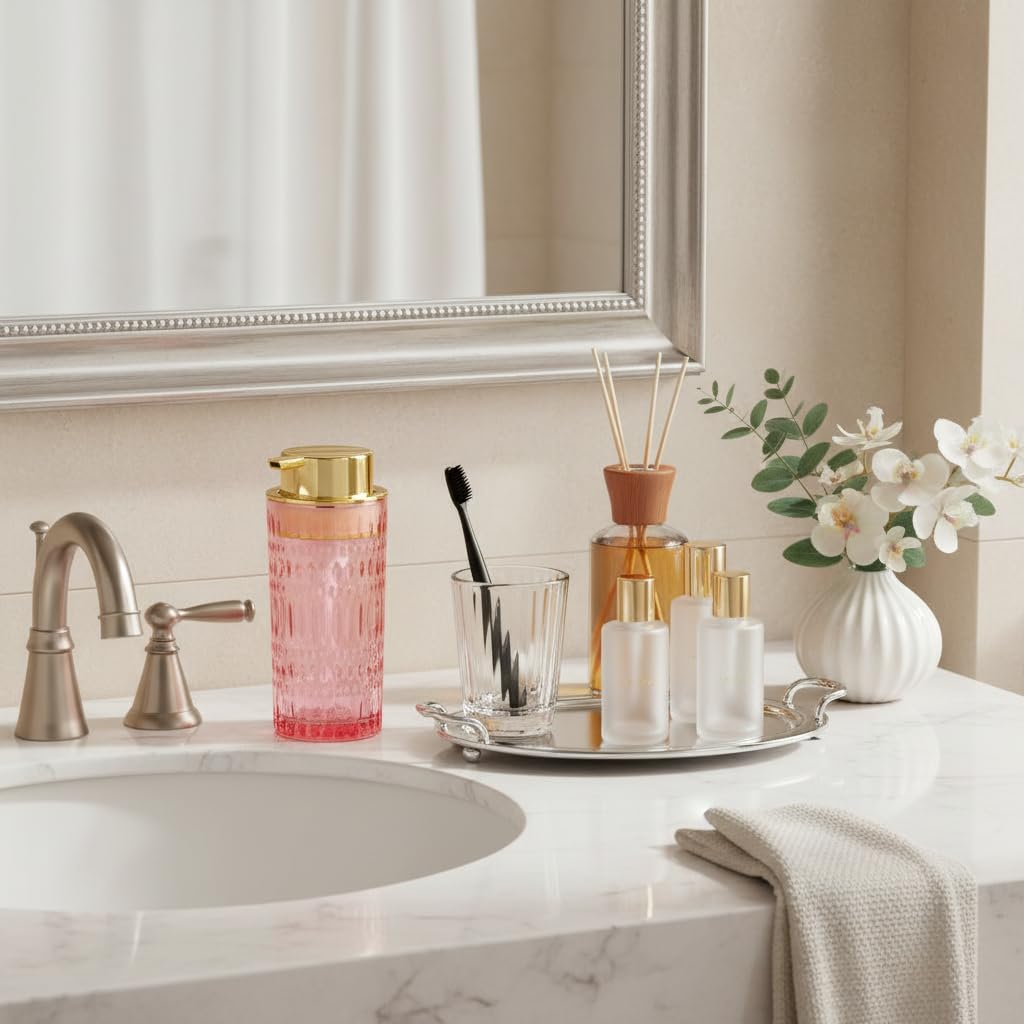 Schaumseifenspender, schäumender Handseifenspender aus Glas mit Pumpe, 400 ml, Badezimmer, nachfüllbar, Flüssiglotion, Pumpflasche, Behälter für Küche, Arbeitsplatte, Dekor (1, Roségold)
