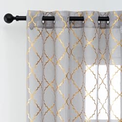 Panel Decorativo Dorado Kotile Cortinas de Enrejado marroquí para Dormitorio, Cortinas Transparentes Grises con Ojales Impresas, Cortinas de celosía Dorada de 63 Pulgadas de Largo, Cortinas Cortas de Azulejos marroquíes, 52