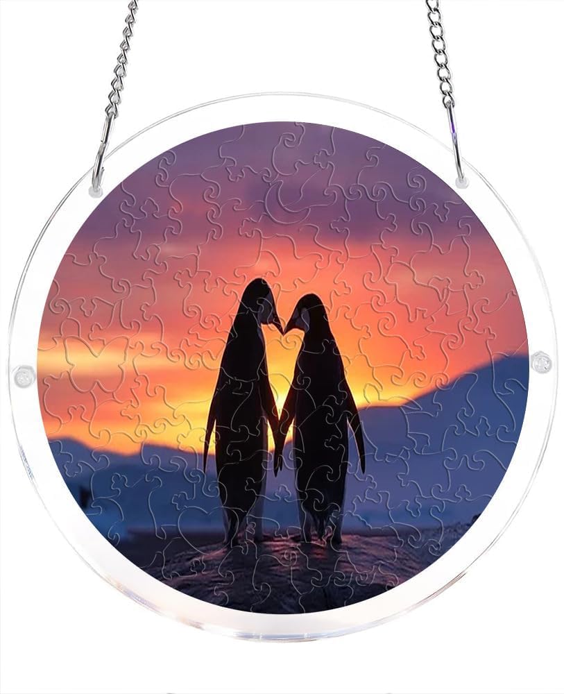 Penguin Couple Silhouette Sunset Acrylic Jigsaw Puzzles Suncatcher, 7.4 Inch Window Hanging Suncatcher Acrylic Puzzle, DIY Home Decor Art Gift