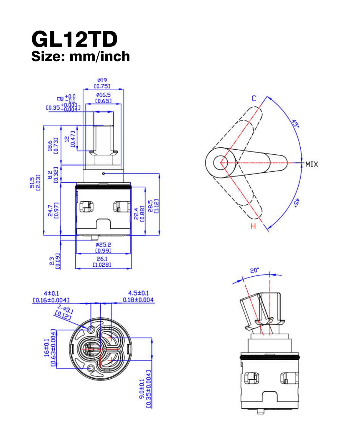 Hain-Yo GL12TD Cartouche de robinet en céramique 25 mm, levier unique, remplacement pour Huntington Brass et Olympia