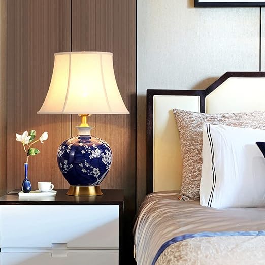 FAZRPIP Chinese Hand-Painted Ceramic Table Lamps Classic Blue and White Porcelain Desk Lamps Modern White Cloth Bell-Shaped Lampshade E27 LED Lamp for Table&Studio&Bedside&Foyer photo 2
