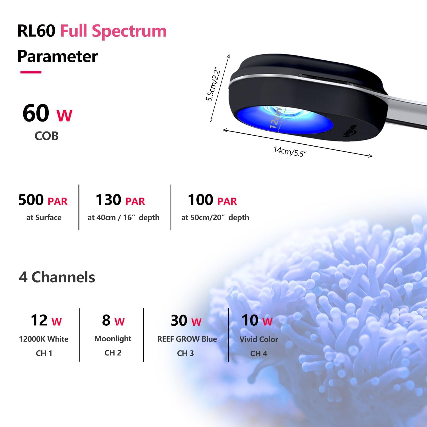 PopBloom RL60 WiFi Led Aquarium Beleuchtung 60w, Meerwasser Aquarium Lampe für Reef Coral Fish Nano Salzwasser Aquariums, Hohe Leistung, APP Unterstützung für Deutsch (60W WiFi (Schwarz))