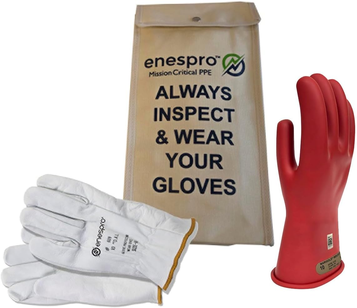 Enespro Class 00 Red Rubber Voltage Insulating Glove Kit with Leather Protectors, Max. Use Voltage 500V AC/ 750V DC (KITGC00R08)