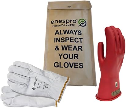 Enespro Class 00 Electrical Gloves Kit, 500V AC / 750V DC Red Insulated Rubber Gloves with Leather Protectors, Electrical Work Gloves for Linemen, and Utility Workers