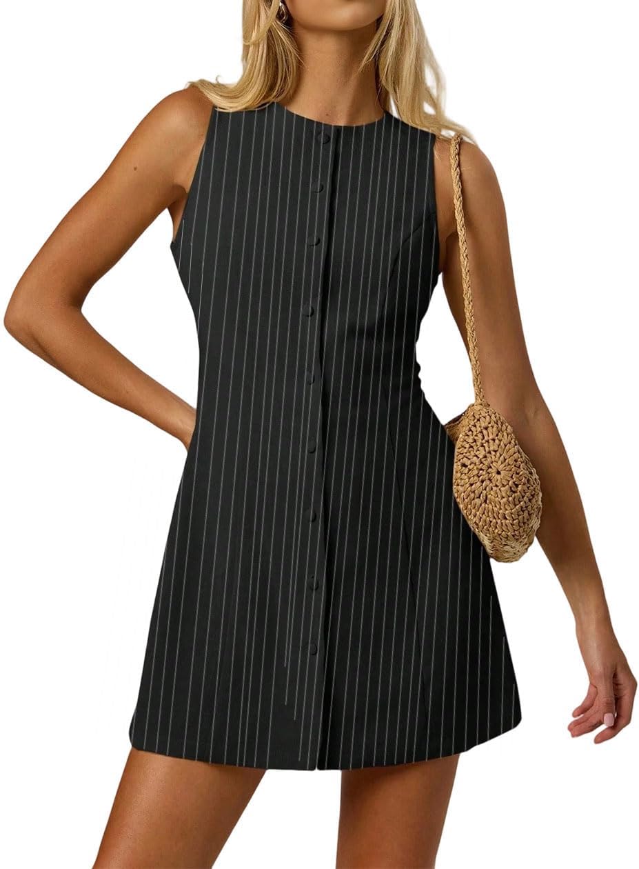 Women Elegant Crew Neck Sleeveless Button Down Mini Dress Business Casual Tie Back Slim Fit A Line Short Dress - Image 4