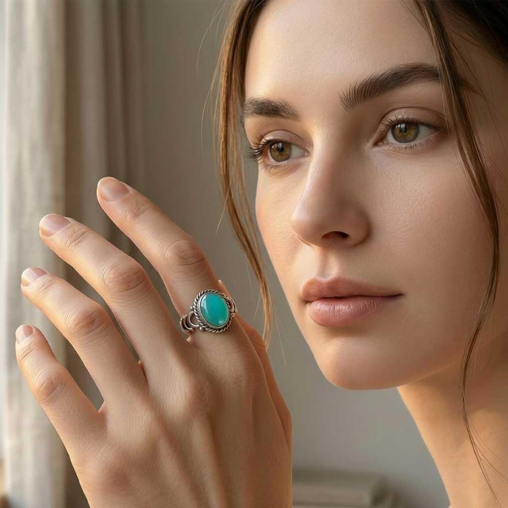JEWELOPORIUM Boho Handmade Jewelry Natural Gemstone Tiger Eye, Turquoise, Moonstone, Carnelian Oval 925 Sterling Silver Overlay Ring For Women
