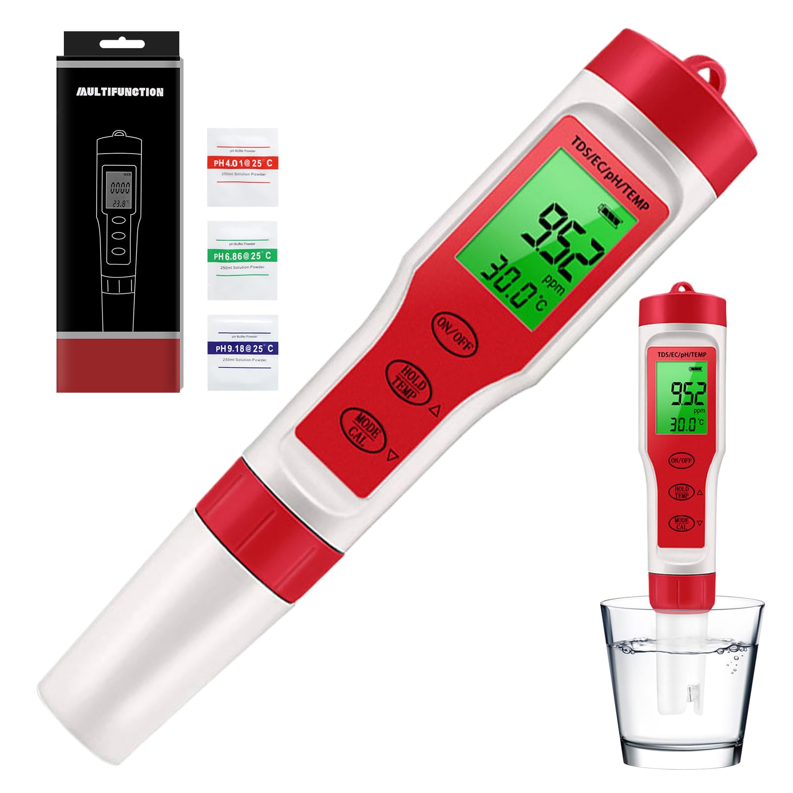 Medidor de pH para agua | Comprobador sensor EC | Instrumento digital 4 en 1 con calibración temp y calibración automática para resultados precisos rápidos | Monitorización del pH 'agua para