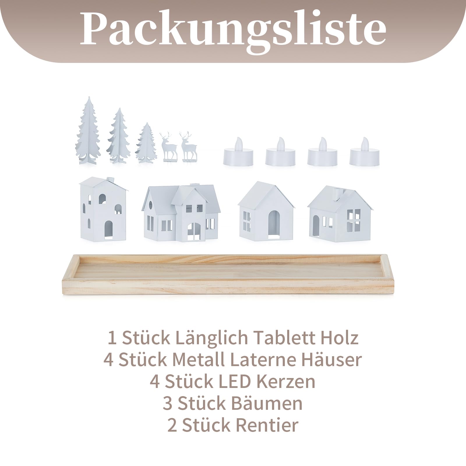 Sziqiqi Christmas Village Decorazione Natalizia: 4 Portacandele a Casa in Metallo con 4 Candele LED - Set Scenario Invernale con Vassoio in Legno per Decorazione Casa Regalo