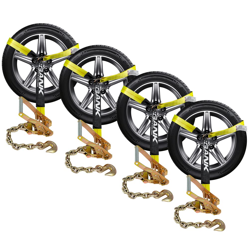 Photo 1 of Car Tie Down Straps (4 Pack) for Trailers with Heavy Duty Chain Anchors - 2" x 96" Lasso Style Wheel Straps - 3,000lbs Safe Working Load - Includes 4 Ratchet and 4 Tire Straps Yellow