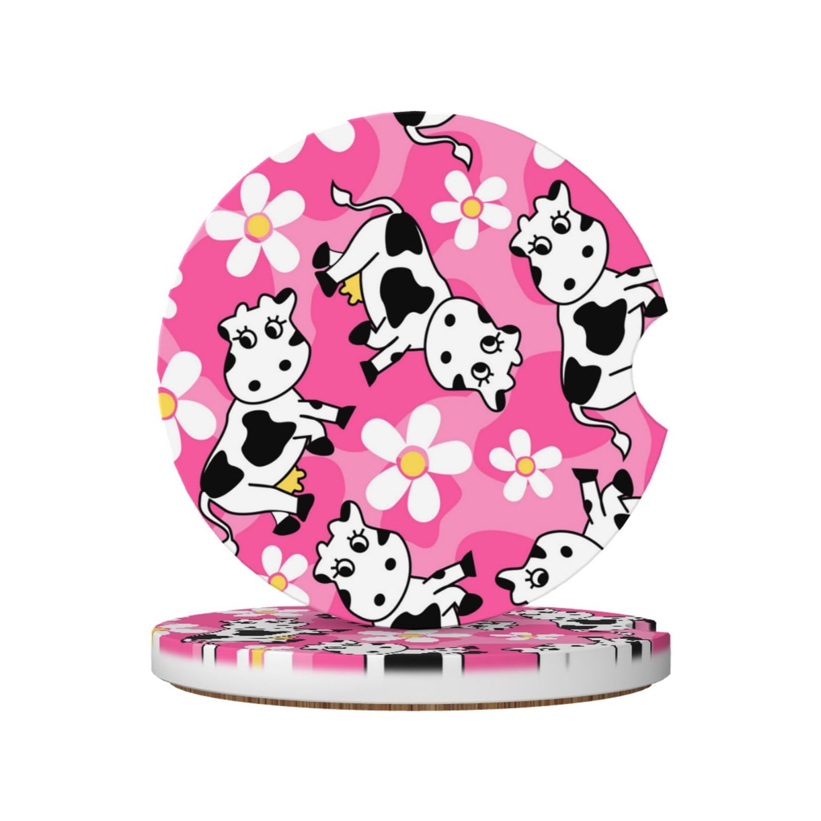 Creative Cow Cartoon Animal Printed, Car Cup Holder Coasters 2 Pack, Absorbent Ceramic Car Coasters with Non Slip Cork Base