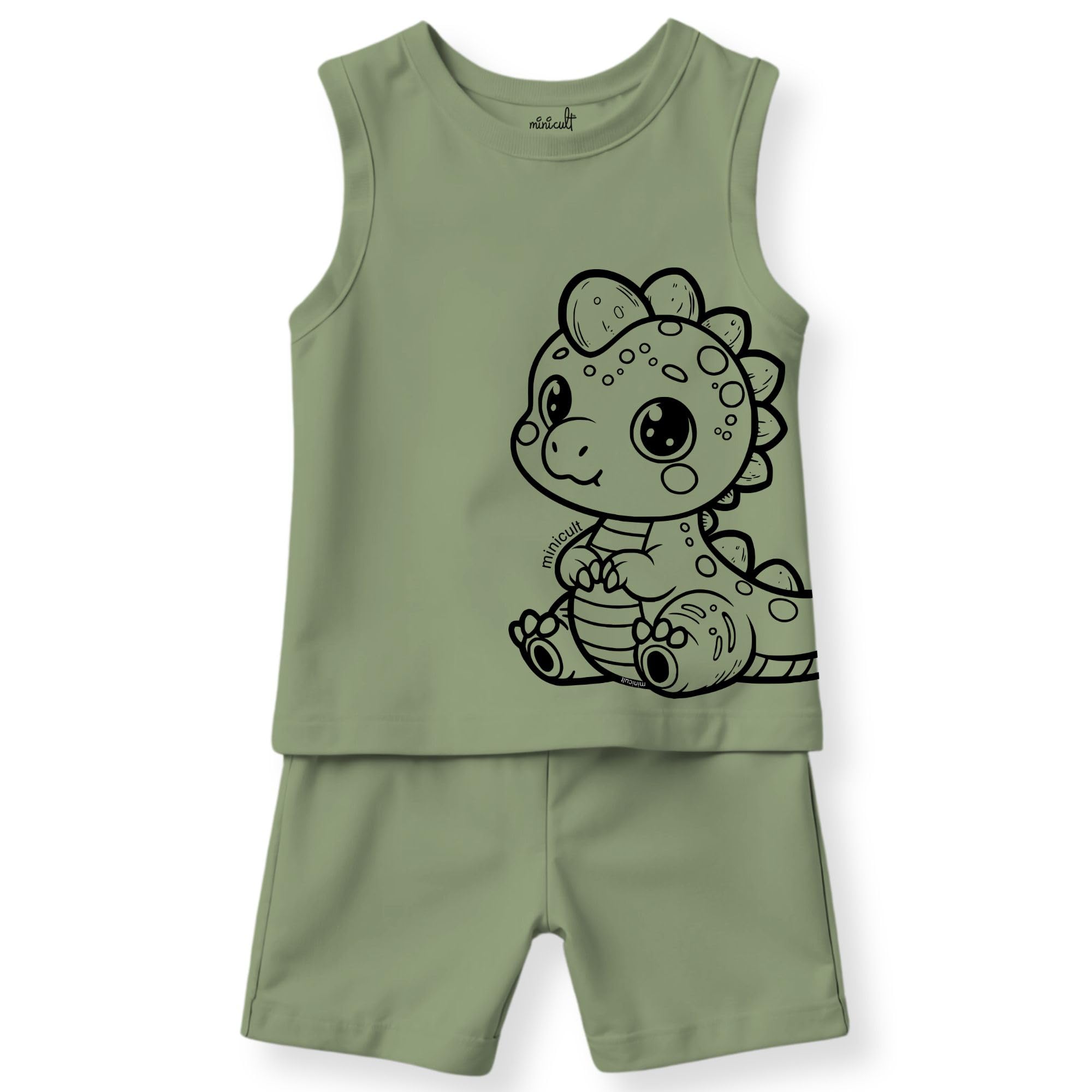 minicult Kids Matching Cotton Vest and Shorts coords with cute animal Prints(Dino Green)(12-18 MTS)