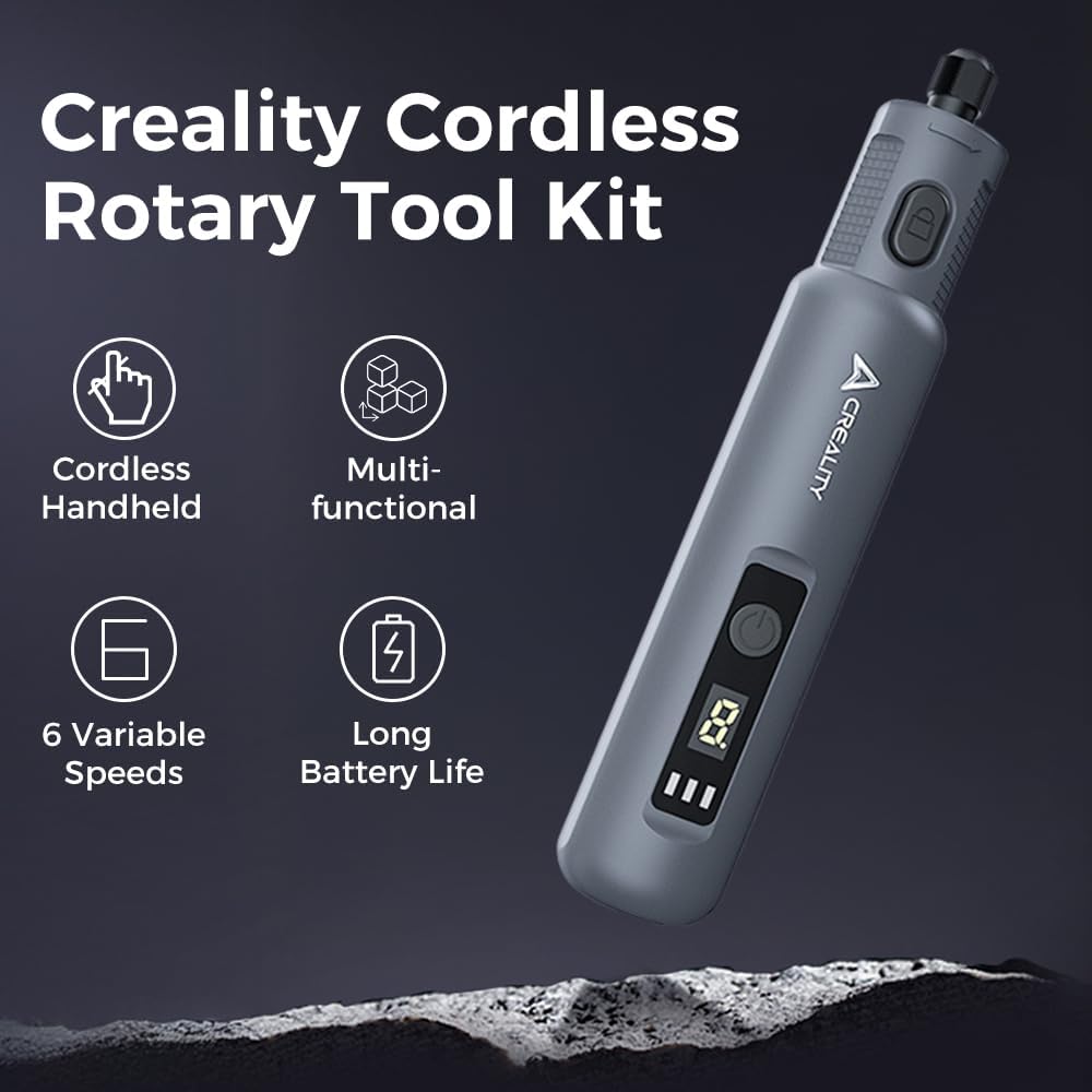 Creality Utensile Rotante Senza Fili, Mini Smerigliatrice Cordless a 6 Velocità (10000-18000 RPM) con 24 Accessori e Luce LED, Kit 3.7V per Finitura Stampe 3D, Modellismo, Incisione e Fai da Te