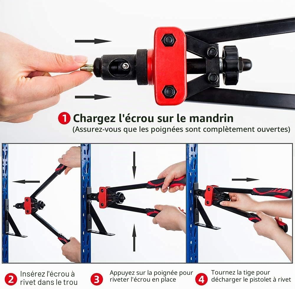 Outil à riveter 14" - Kit professionnel pour rivets avec M3 M4 M5 M6 M8 M10 métriques 6 mandrins et 60 écrous, conception permettant de limiter les efforts, avec étui de transport robuste