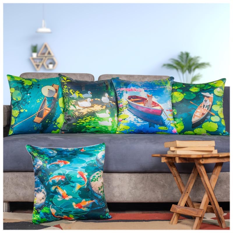 Image of Decorative Satin Sofa Cushion Covers Set of 5, 16 x 16 Inches, Multicolor Floral Printed Pillow Covers for Living Room, Bedroom, Couch & Sofa, Soft Glossy Fabric, Zipper Closure