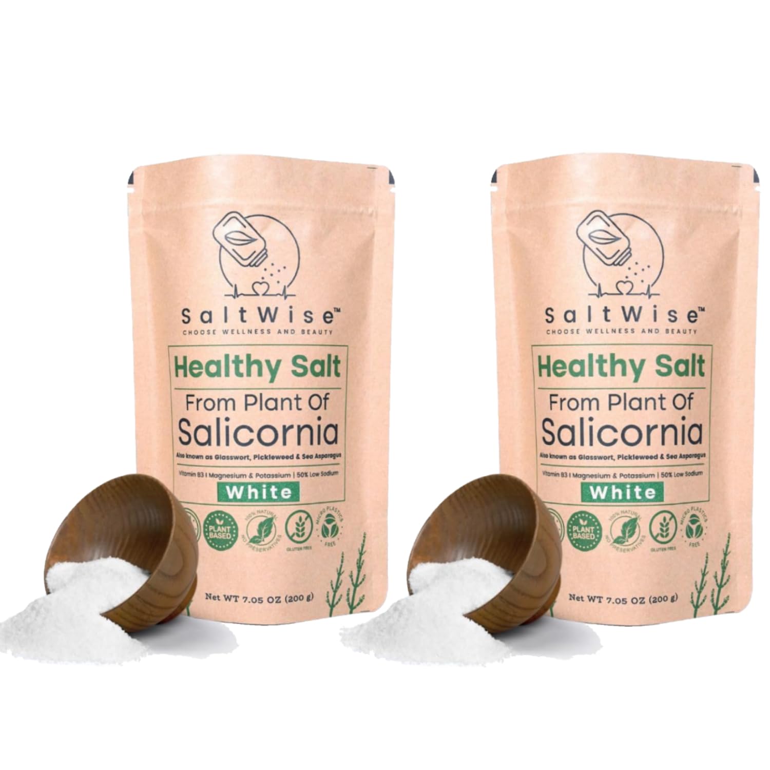 SaltWise Salicornia White Salt – Low Sodium Salt Substitute, Plant-Based Mineral Salt, Kosher, 100% Natural, No Additives (7.05 Ounce (Pack of 2))