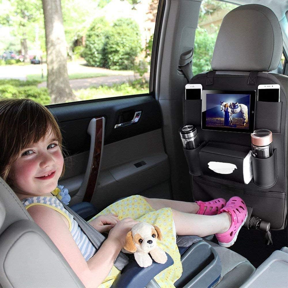 PALMOO Pu Leather Car Seat Back Organizer and iPad mini Holder, Universal Use as Car Backseat Organizer for Kids, Storage Bottles, Tissue Box, Toys (1 Pack, Black)