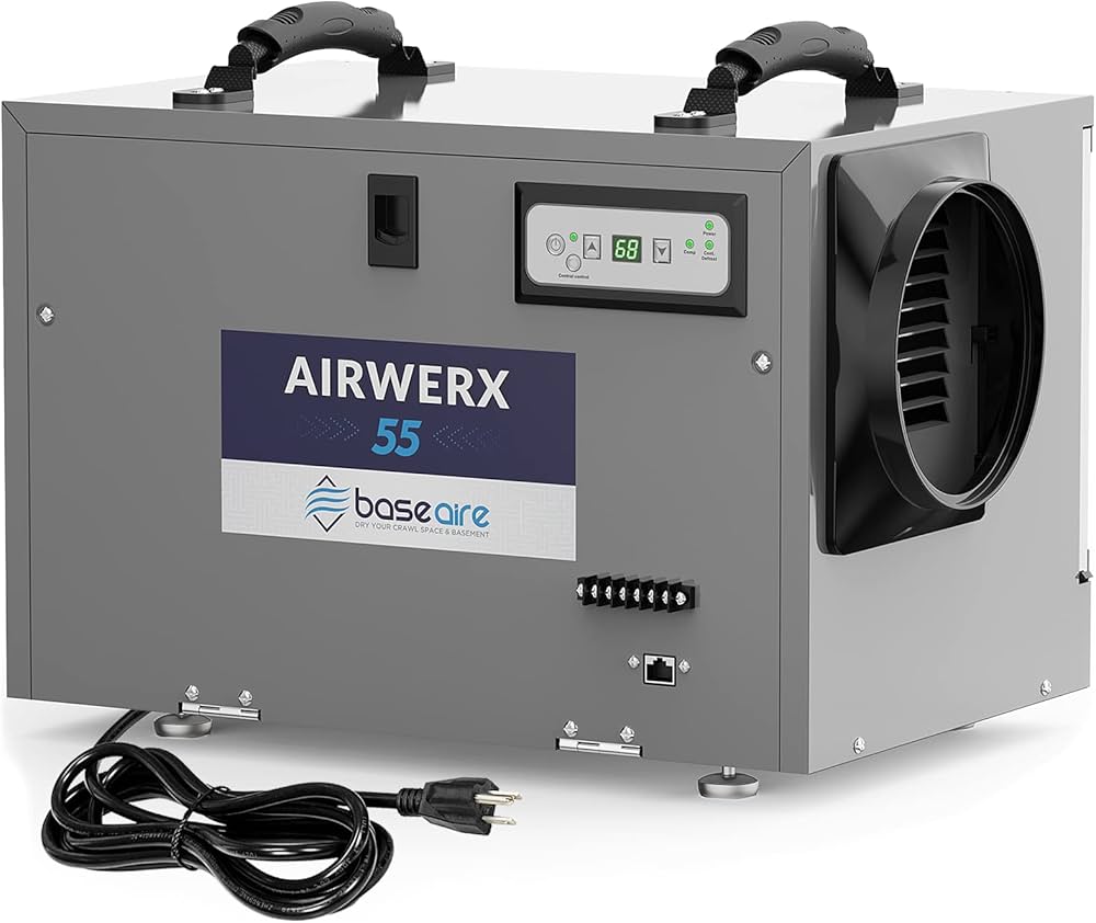 BaseAire AirWerx55 Dehumidifier for Crawl Space Basement,120 Pints Commercial Dehumidifier with Continuous Drain Hose, 5 Years Warranty, Intelligent ...