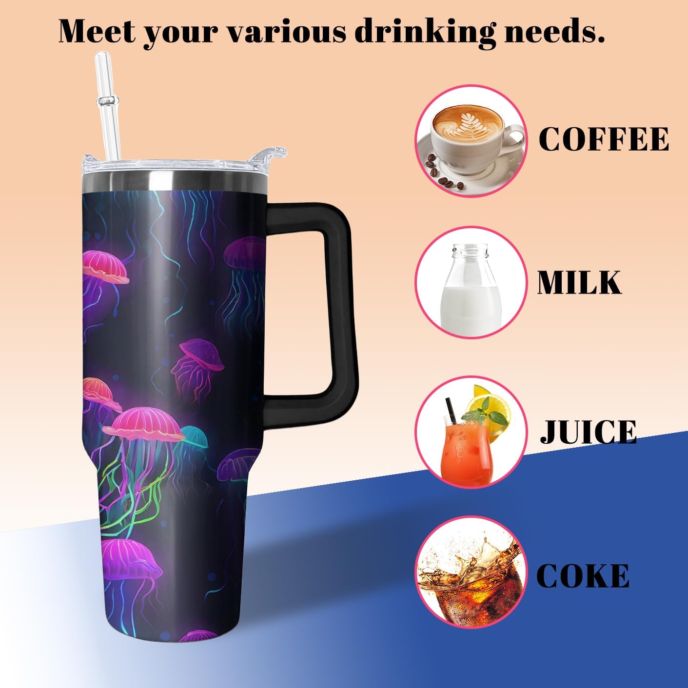 40oz Jellyfish Tumbler with Handle and Straw, Animal Lovers Gifts for Women Men, Sea Ocean Stainless Steel Travel Mug Water Bottle, Colorful Vacuum Insulated Cup with Lid - Image 3