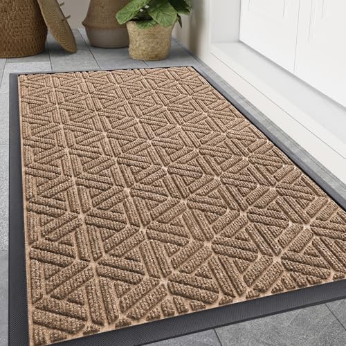 Image of Smiry Front Door Mat Outside Entrance, Heavy Duty Sturdy Natural Rubber Doormat, Trap Dirt and Moisture, Easy Clean Low Profile Mats for Indoor Outdoor Entry, Grid Geometric (47x32, Coffee)