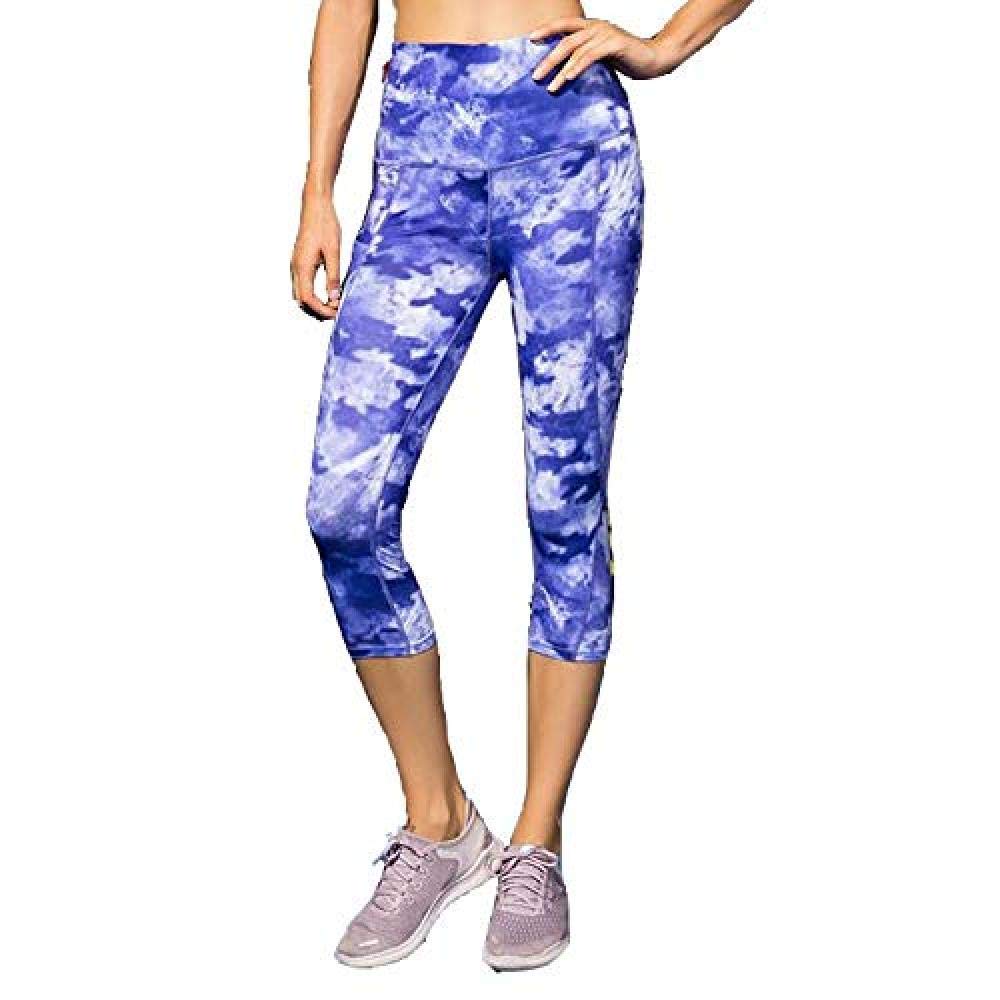Yogahosen Damen, Frauen Print High Waist Dance Cropped Pants Schräge Tasche Fitness Laufen Yoga Ultra Stretch Atmungsaktivität Soft Sports Quick Dry Strumpfhose,Ink Blue-L