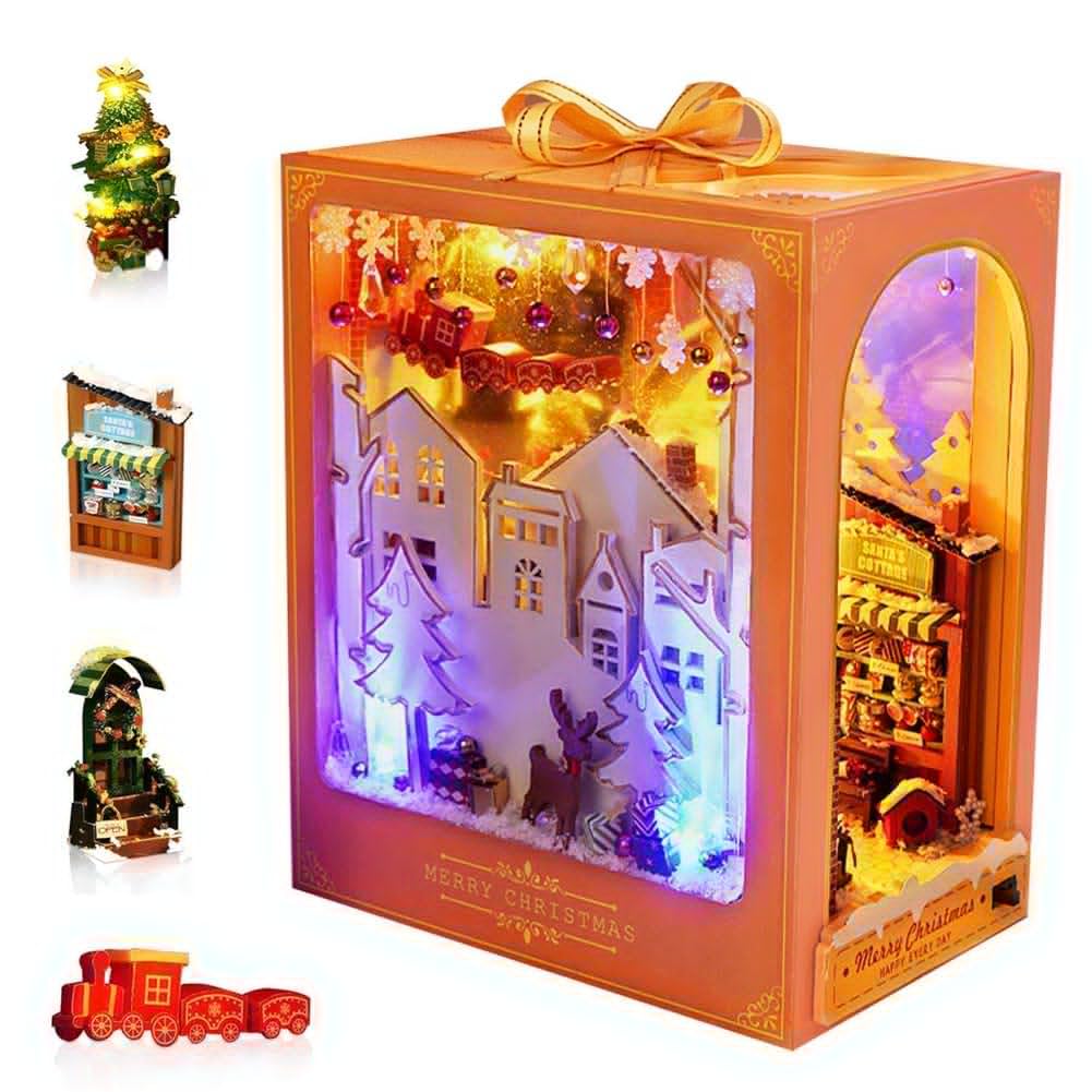Diymnhaus-Miniature Dollhouse Kit DIY Wooden Puzzle Book Nook Kit Mini Christmas House Building Model 3D Puzzle Kit Desk Corner Decoration Adult Assembly Kit Creative Gift (Christmas Cottage)