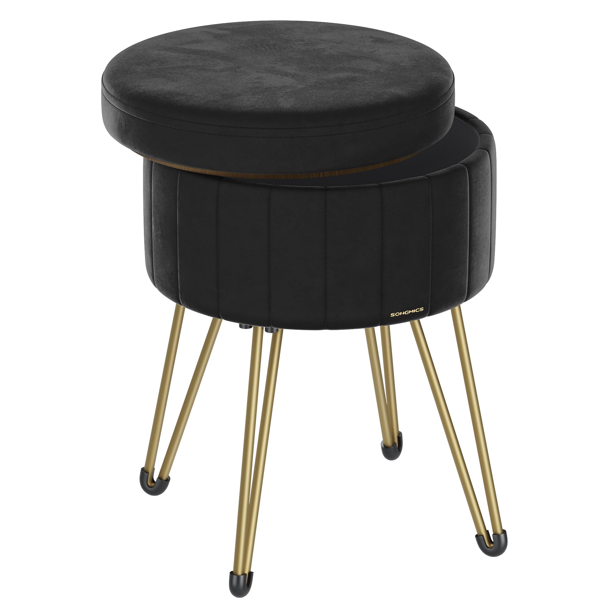 SONGMICS Storage Ottoman, Velvet Dressing Table Stool, 39 x 44.4 cm (Dia. x H), Round Storage Stool Seat, 4 Metal Legs, for Dressing Room, Living Room, Bedroom, Ink Black LOM003B51