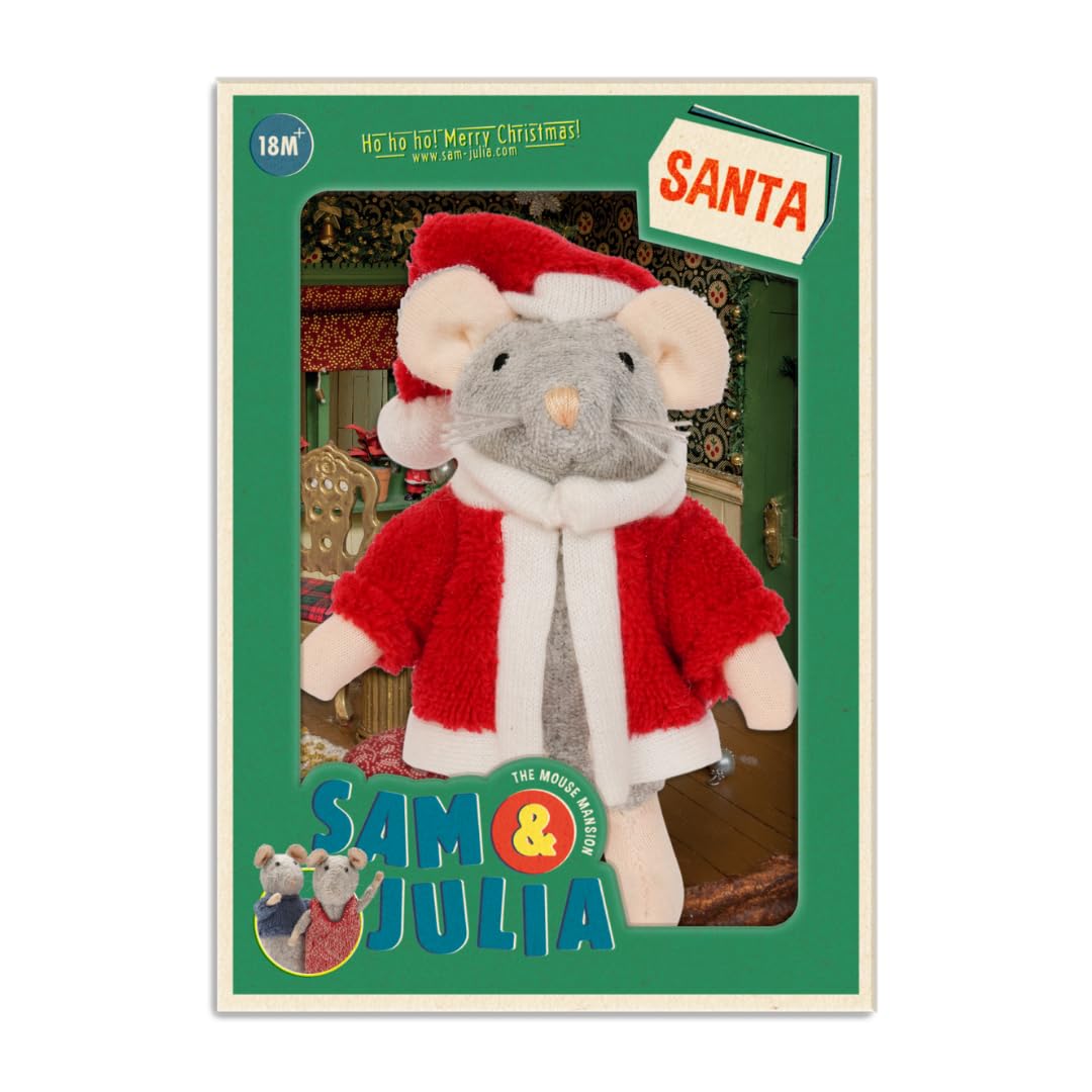 The Mouse Mansion Sam & Julia Santa Mouse Cuddly Toy - The Original from the Popular Children's Book Range - 1/12 Size for Standard Dollhouse - Includes: 1 Soft Toy Mouse 12 cm