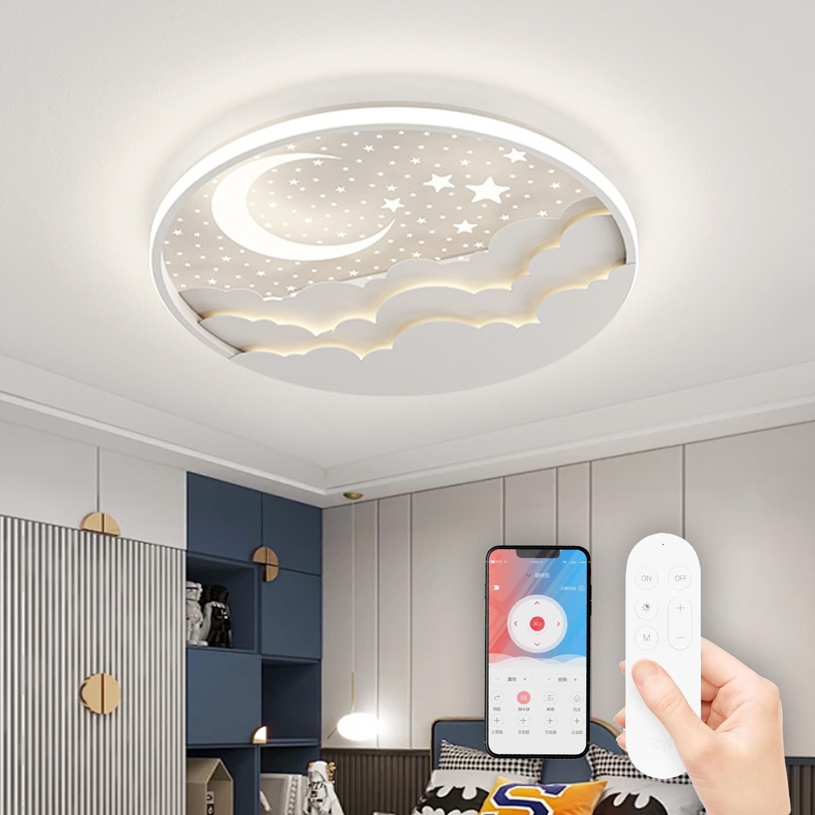 Lampara de Techo Infantil LED, Lámpara de Techo Creative Star and Moon, Lampara Techo Dormitorio 3000K-6000K Regulable con Control Remoto, Luz de techo para Dormitorio de Niños y Niñas, Blanco,40cm