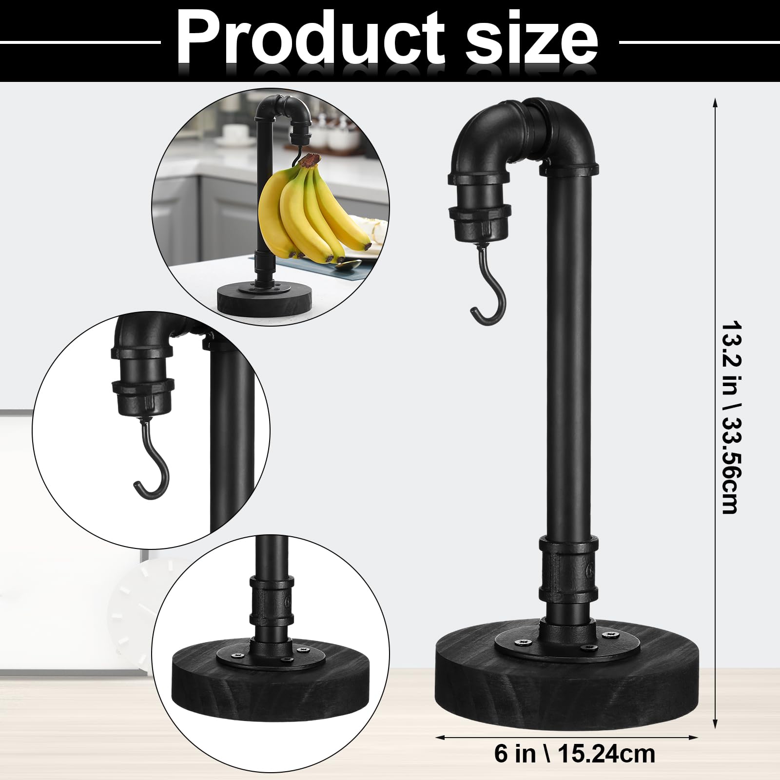 Reallnaive Banana Holder Stand with Wooden Base Industrial Vintage Style Banana Hanger Pipe Fruit Tree Rack for Kitchen Countertop Home Decoration