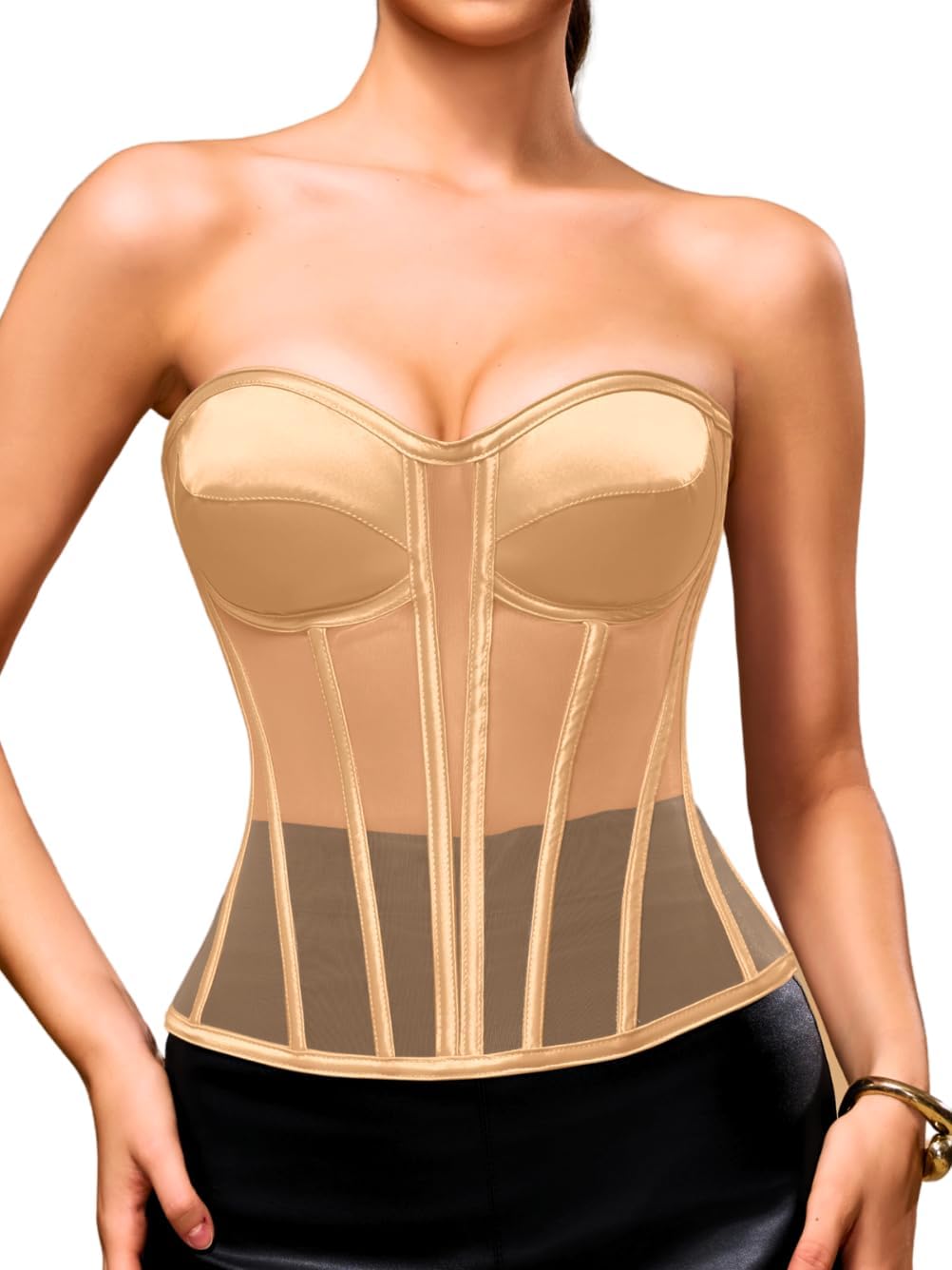 Kaei&Shi Sheer Mesh Corset Top,Overbust Satin Longline Strapless Bra,Backless Shapewear With 12 Polyester Boning