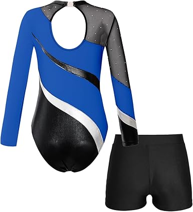 Runhomal Enfant Fille Justaucorps Gymnastique Manches Longues Avec Short Métallique Brillant Tenue Patinage Artistique Leotard Danse Ballet Bodysuit 3-16 Ans, E Noir étoilé, 3-4 Ans